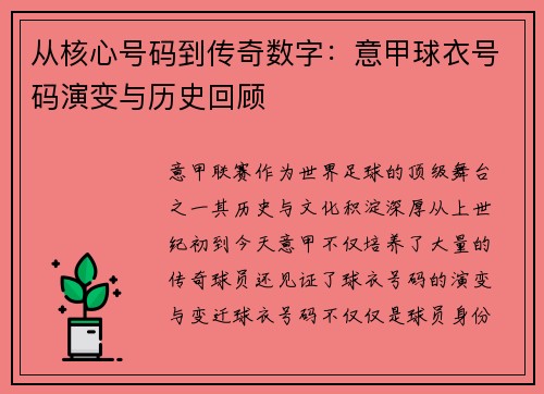 从核心号码到传奇数字：意甲球衣号码演变与历史回顾