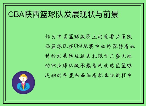 CBA陕西篮球队发展现状与前景