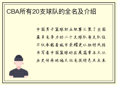CBA所有20支球队的全名及介绍